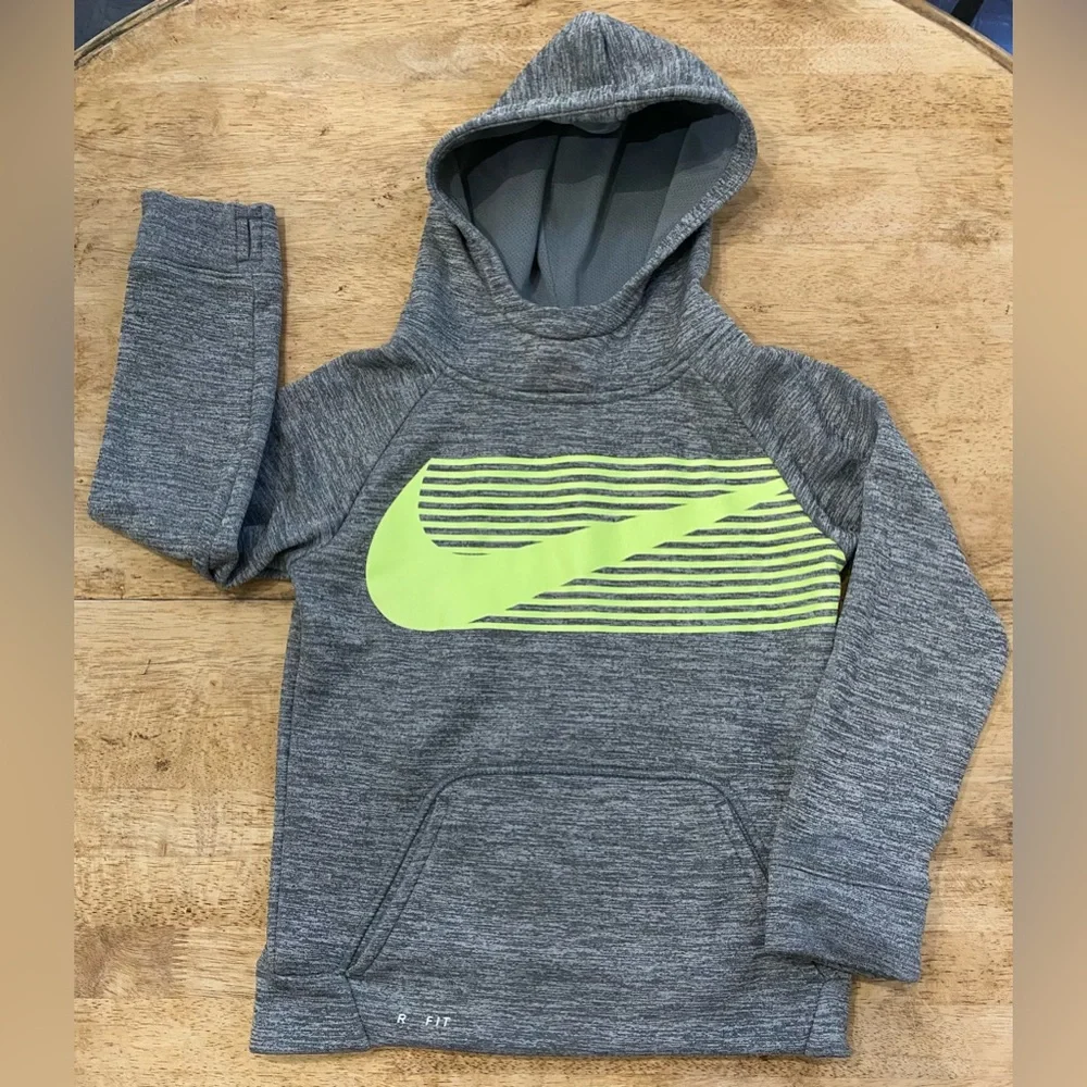 Nike Dri Fit Kid’s 7/L (6-7 yrs) Striated Gray Neon Logo Scuba Neck Hoodie